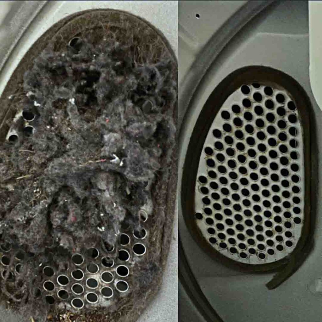 Dryer interior de-linting removes hidden lint from the dryer cabinet